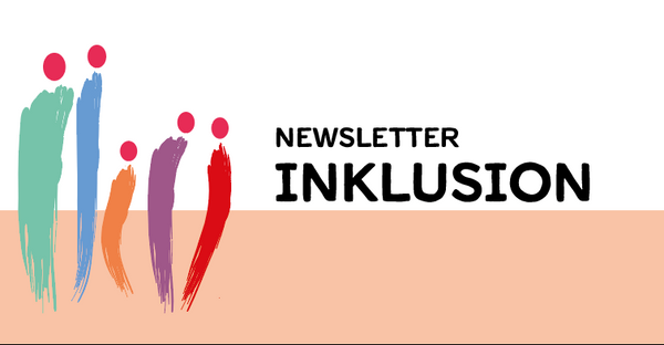 Quelle: Erzdiözese Freiburg | Claudia Hirt Der Banner umfasst horizontal einen dicken Balken in beiger Farbe. Links im Vordergrund des Balkens sind fünf Menschen skizziert. Diese sind als unterschiedlich bunte Striche mit roten Köpfen ohne Gesichter oder sonstige Körperteile dargestellt. Sie sind unterschiedlich groß und ragen über den Balken hinaus. Rechts davon über dem horizontalen Balken steht in schwarzer Schrift Newsletter Inklusion.