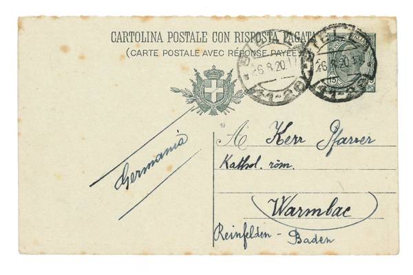 Quelle: Erzbischöfliches Archiv Freiburg, Beilagen Kirchenbücher - Warmbach, St. Gallus Nachmeldeschreiben aus dem Jahr 1920 aus Warmbach, St. Gallus